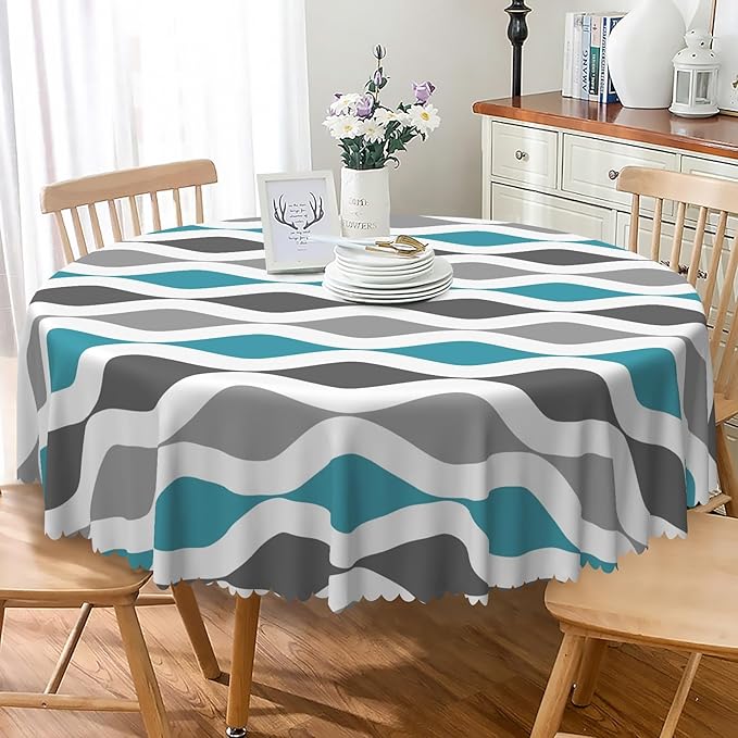 Laeacco 54 Inch Geometric Round Tablecloth Blue and Grey Waved Stripes Modern Abstract Art Print Table Cloth Washable Waterproof Wrinkle Free Table Cover for Kitchen Dining Picnic Party Decoration