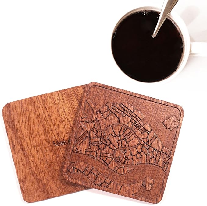 Venice Map Coaster by O3 Design Studio, Set of 4, Sapele Wooden Coaster with city map, Multiple city optional, Handmade