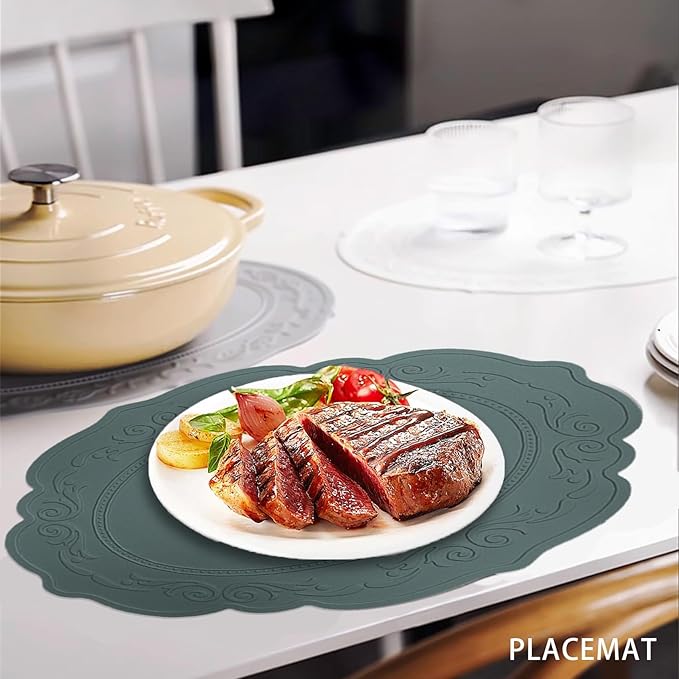 Silicone Placemats Set of 4, Oval Heat Resistant Non-Slip Table Mat, Waterproof Silicone Placemat, Baking Mats, Easy to Clean Table Protector Mat by Siliconty(4, Dark Green)