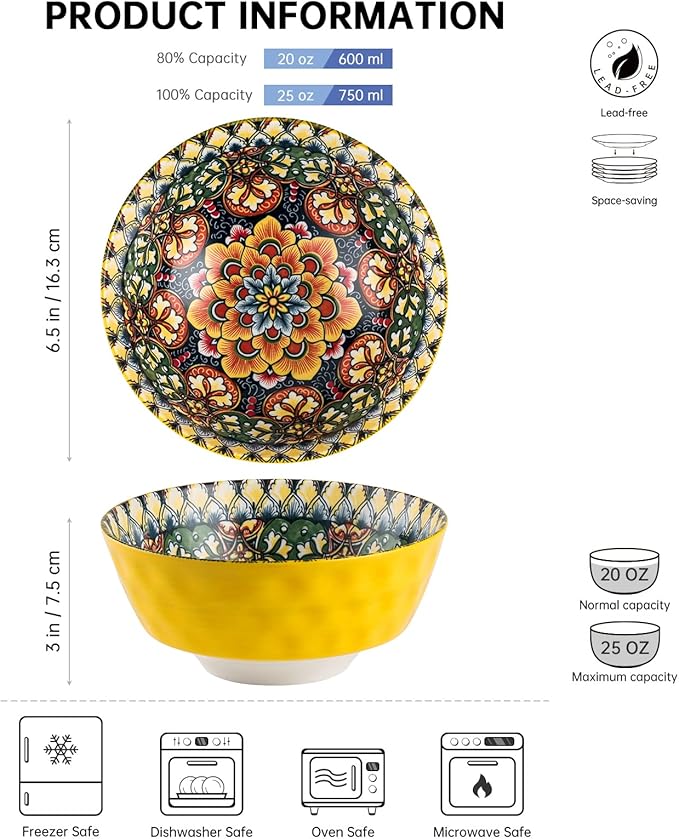 Henten Home Ceramic Soup Bowls Set of 6, 25 oz Porcelain Cereal Bowl Set, Colorful Bohemian Style Serving Bowls for Salad, Pasta, Oatmeal, Microwave & Dishwasher Safe