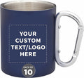 Custom Stainless Steel Mugs with Carabiner Handle 10 oz. Set of 10, Personalized Bulk Pack - Perfect for Coffee, Soda, Other Hot & Cold Beverages - Navy Blue