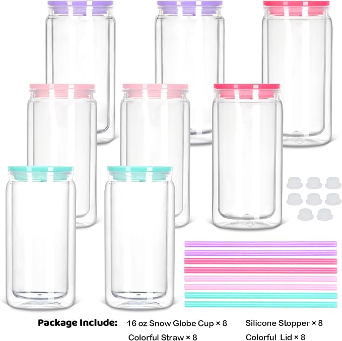 8 Pack Plastic Snow Globe Tumbler, 16 Oz Double Wall Plastic Can - Image 6