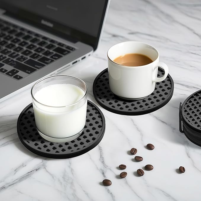 Coasters for Drinks, Silicone Coasters Set of 6 with Metal Holder, Outdoor Coaster for Coffee Table, Non-Slip Rubber Table Cup Mat Desk, Heat Resistant & Scratch-Proof (Black)