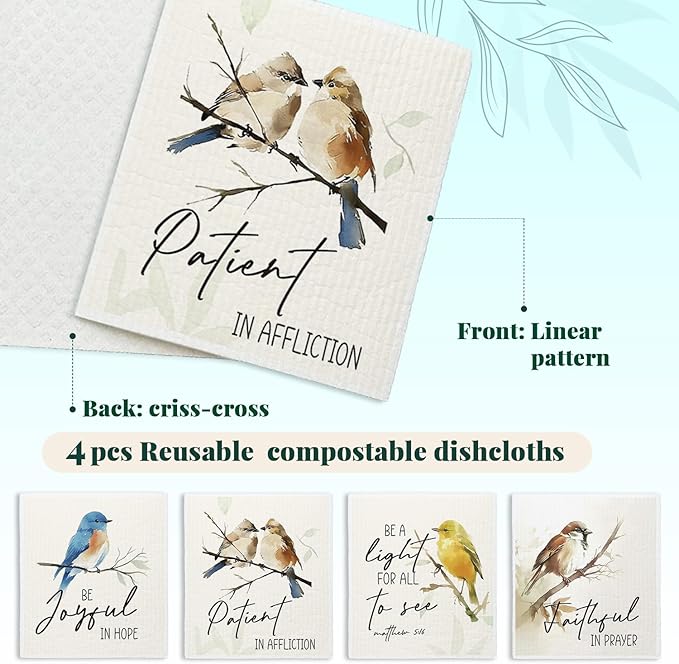 Bird Scripture Swedish Dishcloths for Kitchen, Swedish Dish Cleaning Cloths for Spring，Papaya Reusable Paper Towels, 4 Pack Dish Towels for Kitchen, Reusable Paper Dishcloths Washable