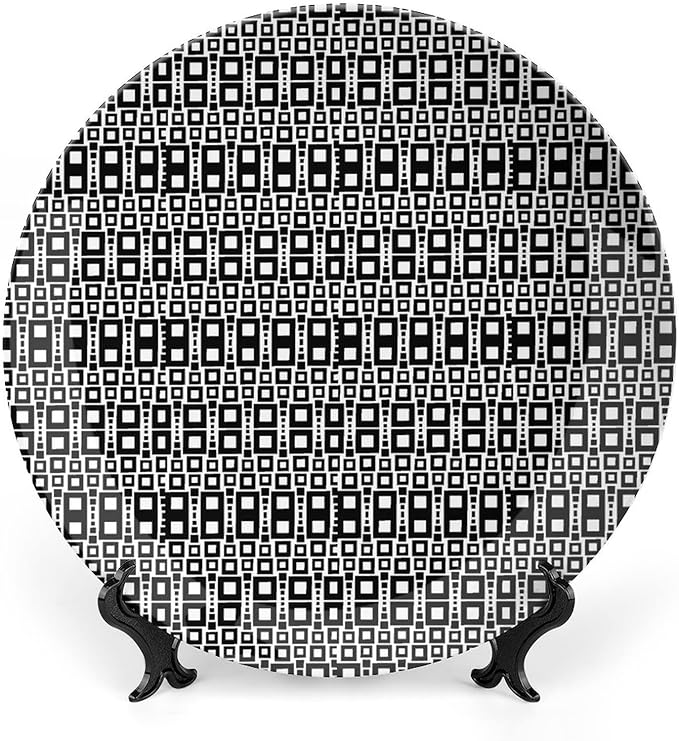 Decorative Plates, Abstract Print Ornament, Monochrome Squares of Motif Grid Design Geometric, 7 Inch, 1 Plate with 1 Display Stand, Black White