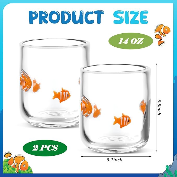 Icon Juice Glasses, 14oz Stemless Wine Drinking Juice Glass Cup for Valentine Party Supplies Gift(2 Pcs,Clownfish)
