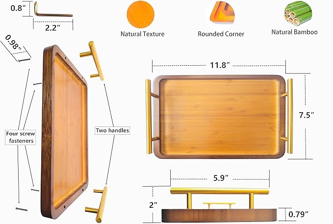 Bamboo Serving Tray with Gold Handles - Small Wood Serving Tray for Breakfast in Bed, Coffee Table, Dinner & bar - Decorative Bed Table Tray for Kitchen or Bedroom（11.8" x 7.5" x 2"）