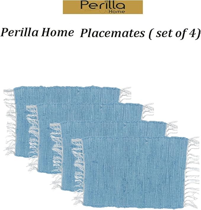 Perilla Home Placemat Set of 4 - Cotton Linen Blend Square Placemats - Farmhouse Rustic Woven Bohemian Machine Washable Table Mats with Tassels for Dining Table Decor (Sky Blue)