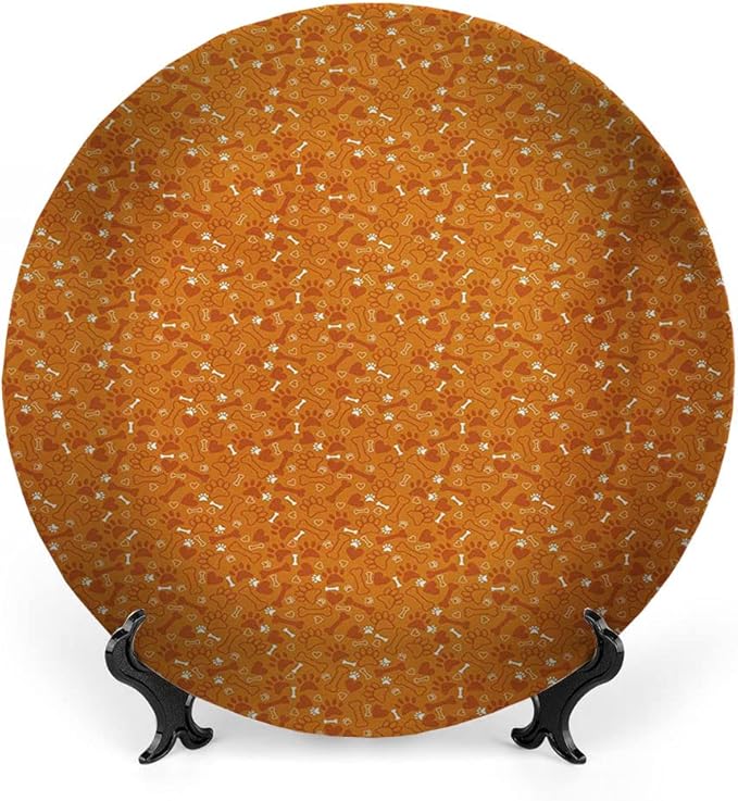 Ceramic Display Plate, Dog Bone Ceramic Hanging Decorative Plate, Pattern with Paw Prints Bones and Hearts Veterinary, 6 Inch, Household Custom Ceramic Plate, Marigold Burnt Orange and White