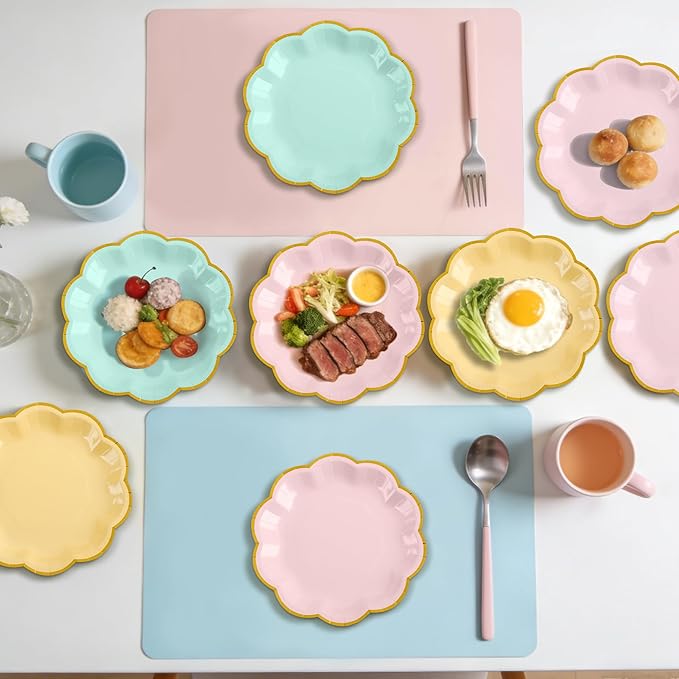 24 Pcs Pastel Scalloped Paper Plates 7 Inch Disposable Macaron Colorful Dessert Plates with Gold Edge Gradient Rainbow Party Supplies for Wedding Birthday Baby Shower Bridal Summer Decorations