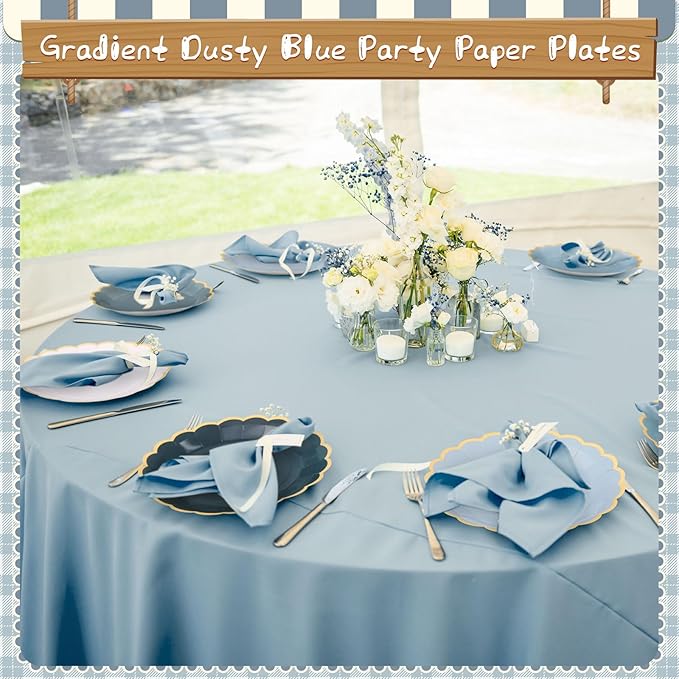 96 Pcs Dusty Blue Paper Plates 9 Inch Gradient Scalloped Paper Blue Disposable Dinner Dessert Plates for Birthday Wedding Bridal Party Supplies, 6 Colors