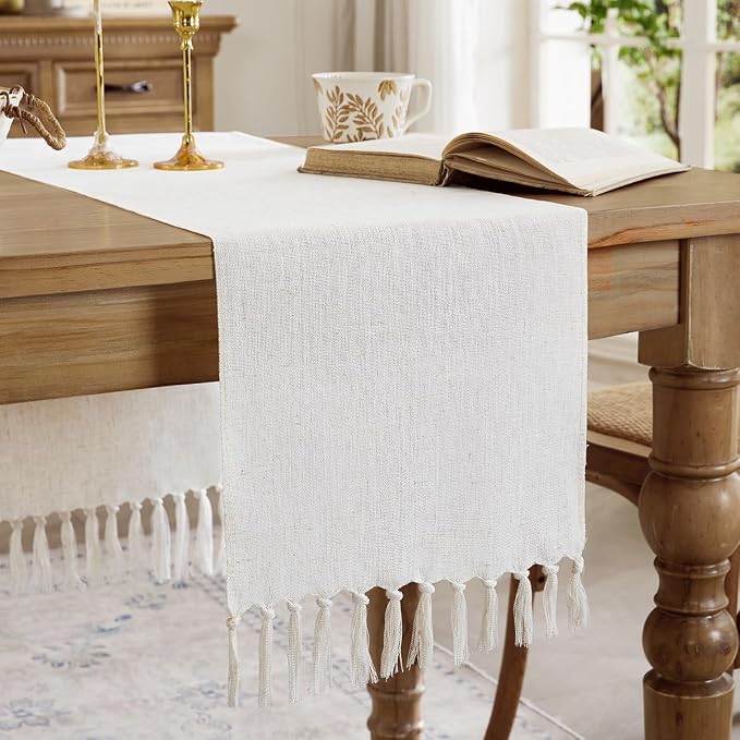 Cotton Linen Table Runner, 13x108 Inch, Off White by Aoztio