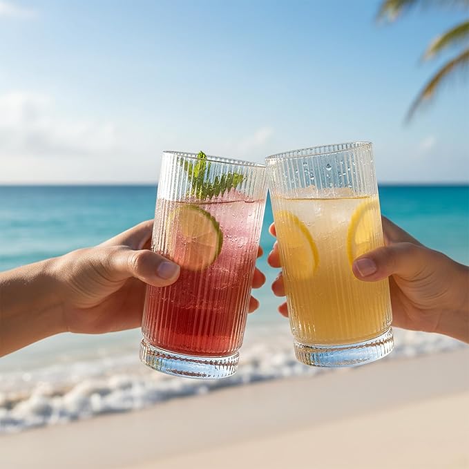 Vintage Ribbed Glassware Set, 16oz Drinking Glasses, Origami Style Set of 4, Fluted Design, Ideal for Water, Iced Coffee, Juice, Beer, Milk, Gift (16oz)