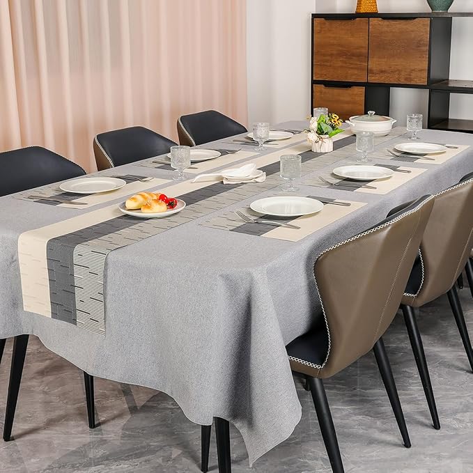 Placemats Set of 6, Vinyl Woven Place Mats Indoor Set of 6 Washable Wipeable PVC Table Mats Heat-Resistant Non Slip Placemat for Kitchen Dining Outdoor Table (Beige Dark Gray, Set of 6)