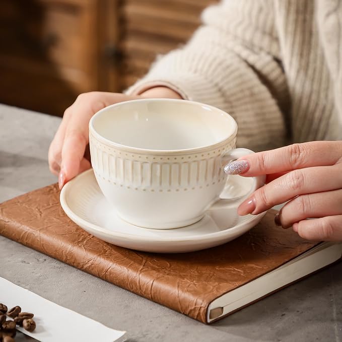 10Oz ceramic coffee cup and saucer sets, elegant striped pattern, unique kiln - Image 3