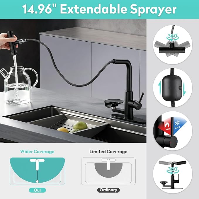 Waterfall Kitchen Faucet with Pull Down Sprayer & Glass Rinser | 4 Adjustable - Image 4