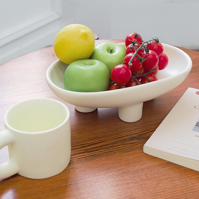 Luxurious Fruit Bowl Three-Legs Ceramic Fruit Bowl for Kitchen Counter, 10 Inch Fruit Basket Decorative Candy Bowl for Table Décor, Oval Large Bowls Key Bowl Home Table Décor (Crème 10 Inch)