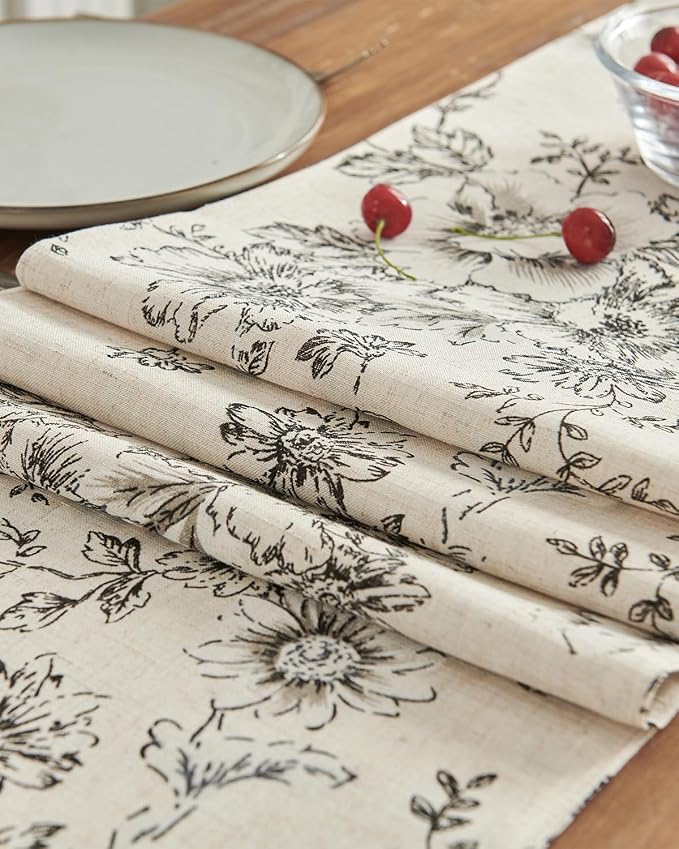 jinchan Black Floral Linen Table Runner 13 x 108 Inch Farmhouse | Vintage - Image 6