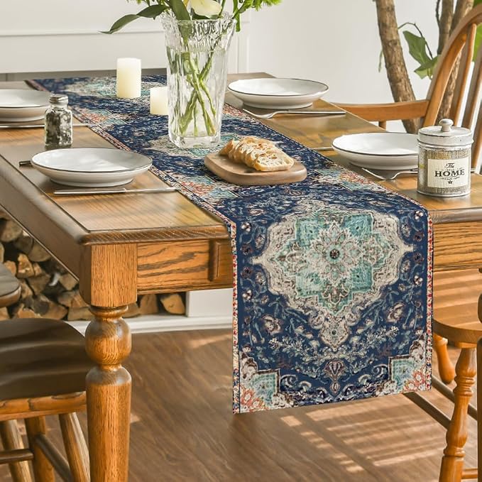Artoid Mode Boho Bohemia Style Blue Table Runner, Country Rustic Farmhouse - Image 4