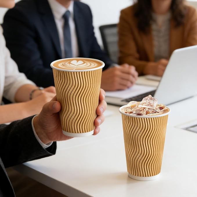 500 Pack 16 oz Disposable Coffee Cups No Lids, Insulated Ripple Wall Paper Coffee Cups 16oz for Hot Chocolate Tea Home Travel Office (Champagne)
