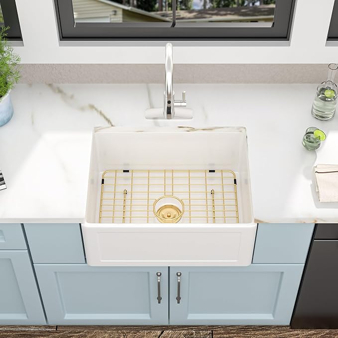 24"x18" White Farmhouse Sink – Reversible Apron Front, High-Gloss Porcelain Ceramic Fireclay Single Bowl Small Kitchen & Bar Farm Sink Basin