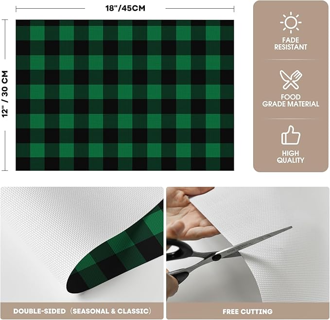 Artoid Mode Buffalo Plaid Vinyl Placemats Set of 4, 12x18 Inch Washable Non-Slip Heat Resistant Plastic Place Mats for Party Dining Table, Black/Green
