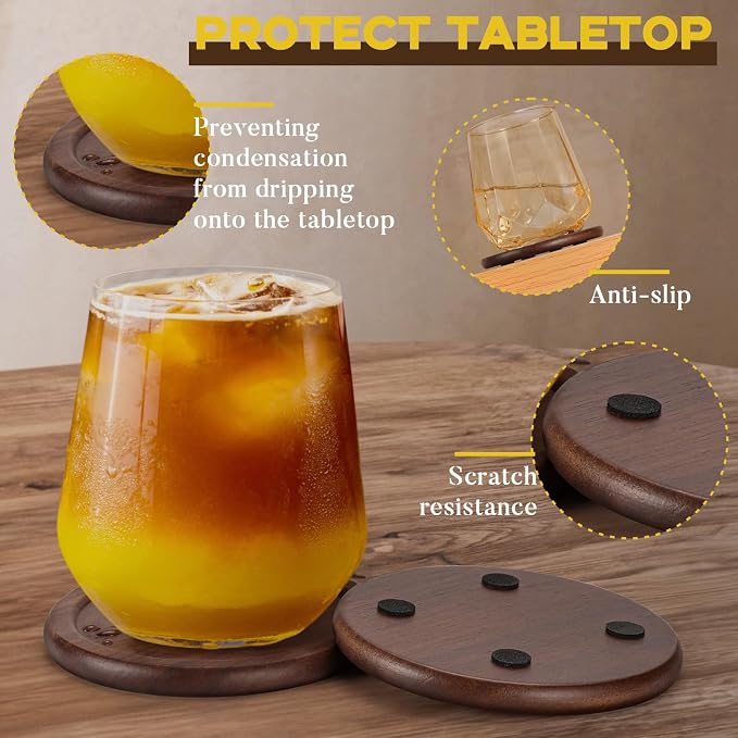 Wood Coasters with Holder, GOH DODD Set of 6 Walnut Wooden Coaster Tabletop - Image 5