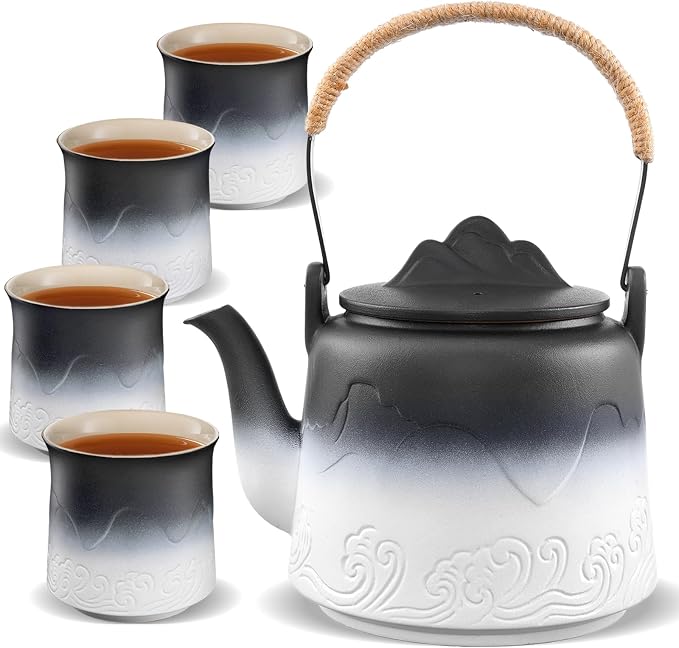 ZENS Japanese Tea Set with 4 Cups, 33.8oz Ceramic Infuser Pot by ZENSLIFESTYLE