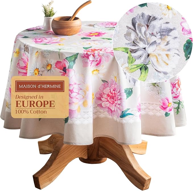 Maison d' Hermine Table Cloth Round Table 100% Cotton 63 Round Inches Tablecloth Reusable Decorative for Dining Room Farmhouse Home Valentines Day Decorations Spring Summer - Pivoine