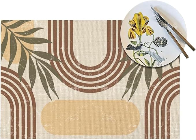 Mid Century Boho Arch Placemats Abstract Geometric Modern Aesthetic Rainbow Leaves Sun Washable Place Mats 12x18Inch for Dining Kitchen Farmhouse Decor 6 PCS
