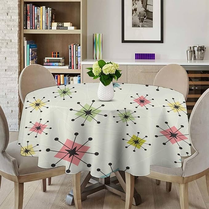 Retro Mid Century Round Tablecloth, Vintage Modern Colorful Abstract Geometric Art Bohemian Tablecloth for Home Party Dining Room Kitchen Decor 60Inch(152cm)
