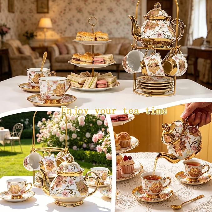 CHANJOON Gold Plated Red Rose Ceramic Tea Set, Vintage Tea Sets - Image 4