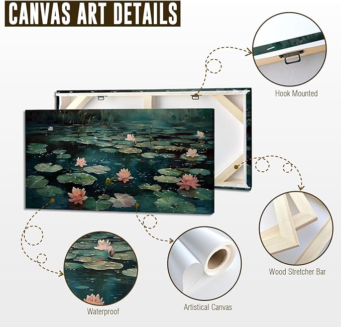 ADJUVANT Wall Art Impressionist Water Lily Pond 60" L x 30" W, Pink Lotus Flowers on Dark Blue Water Canvas Painting Nature Artwork Prints Wall Decor for Living Room Bedroom Bathroom Home Office
