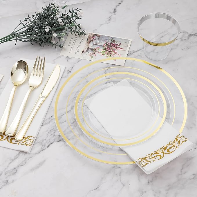 BESTVIP 100PCS 7 Inch Clear Plastic Dessert Plates, Disposable Salad Plate with Gold Rim, Heavy Duty Plastic Small Cakes Plates for Party, Wedding and Birthday, Christmas, Thanksgiving, Events