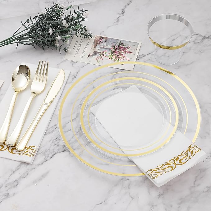 BESTVIP 350PCS Clear Gold Disposable Dinnerware Set for 50 Guests, Plastic Plates for Party, Wedding, Christmas, Include: 100 Plastic Plates, 50 Gold Silverware, 50 Cups, 50 Napkins