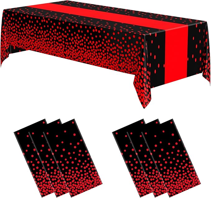 Oudain 6 Pcs Black and Red Tablecloth for Parties Plastic Dot Tablecloths Printed Table Runner Waterproof Disposable Rectangle Table Cover for Christmas Birthday Wedding Party, 54" x 108"