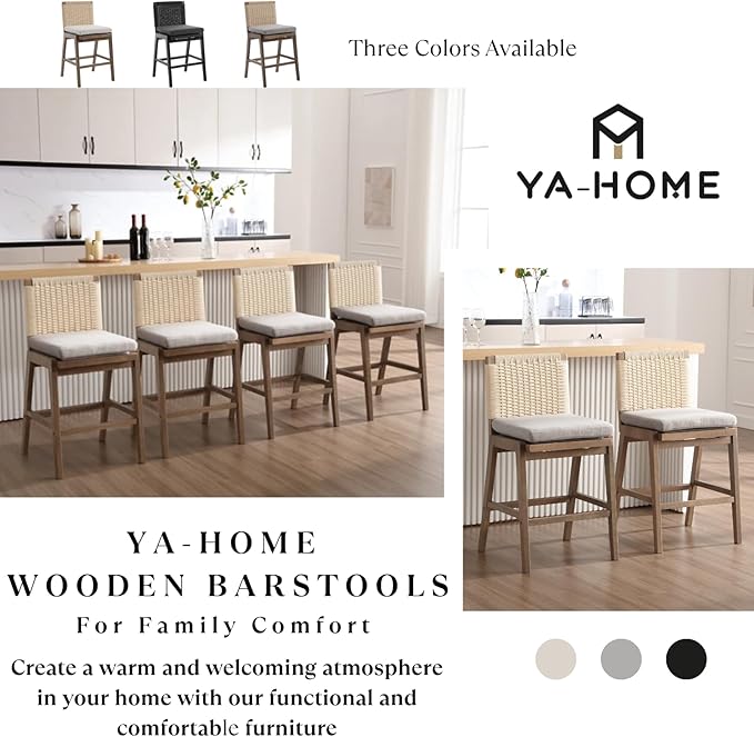 Mid Century Modern Counter Height Barstools Set of 4, 27” Linen Upholstered Counter Stools with Rope Woven Back Wooden Farmhouse Bar Stools for Kitchen Island Dining Room,Grey
