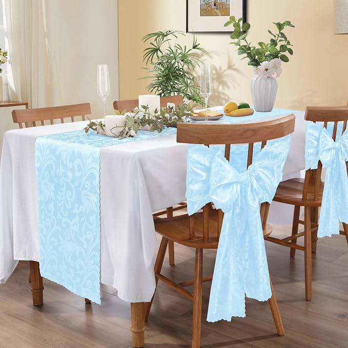 MILVOWOC 4 Pack Light Blue Satin Table Runner, 12 x 72 Inch | Jacquard Damask - Image 5