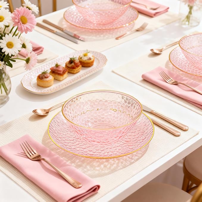 Tinybee 50 Pack Pink Plastic Bowls - Pink Disposable Bowls for Party with Gold Rim, 16-20oz Premium Hammered Bowls Disposable Heavy Duty, Plastic Salad Bowls for Milk Cereals, Snacks, Salads