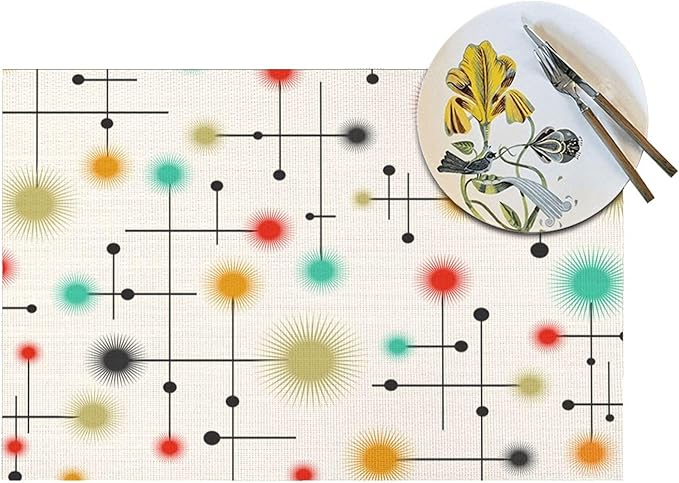 Mid Century Modern Placemats Set of 4, Washable Retro Table Mats for Kitchen Dining Tables Yellow Decorative Linen Place Mats 12x18 Inch