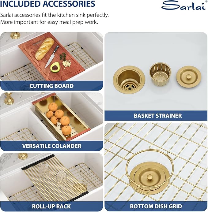 Sarlai 33 Inch White Undermount Sink Workstation - 33 x 19 Inch White Kitchen Sink Drop In Single Bowl Ledge Workstaion Topmount Sinks Fireclay Ceramic Sinks Basin With Gold Accessories