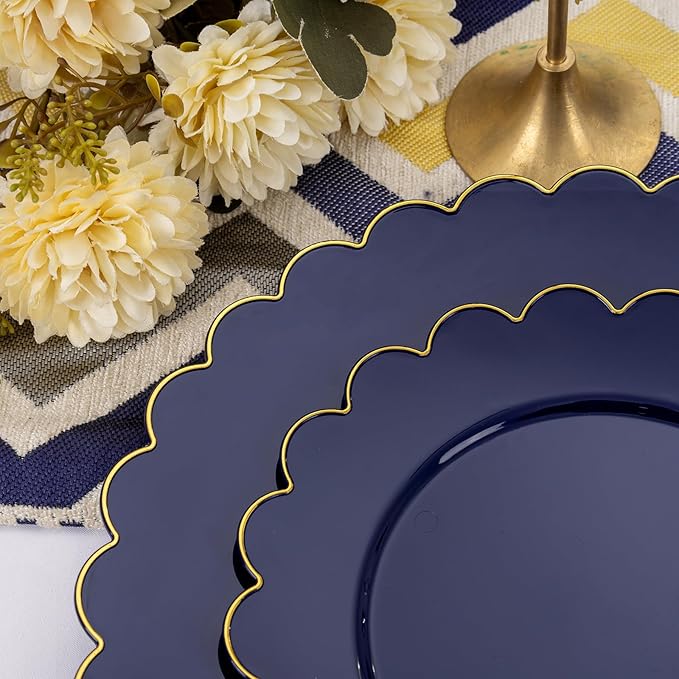 LIYH 210 Pcs Navy Blue Plates - Blue and Gold Plastic Scalloped Heavyduty Plates Disposable Dinnerware set, Gold Plastic Silverware for Wedding & Party 30 Guests