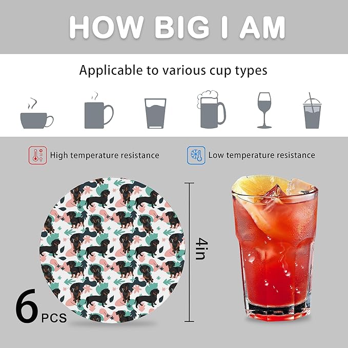 Cute Dog Drink Coasters for Drinks Set of 6,Dachshund Dog Floral Absorbent Round Ceramic Stone Mat Coaster,with Cork Base and Metal Holder, Home Bar Decor House Warming Gift