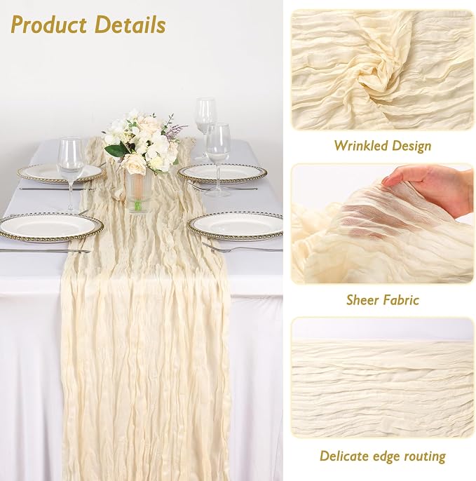 3 Pack Ivory Cream Cheesecloth Table Runner 120 Inch Boho Wedding Decor | - Image 3