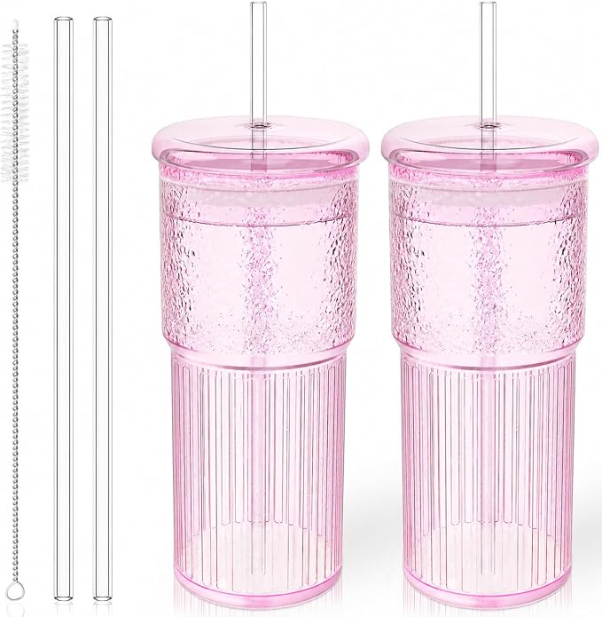 Luiaiog Glass Cups with Lids and Glass Straws, High Borosilicate 20OZ Pink by Luiaiog