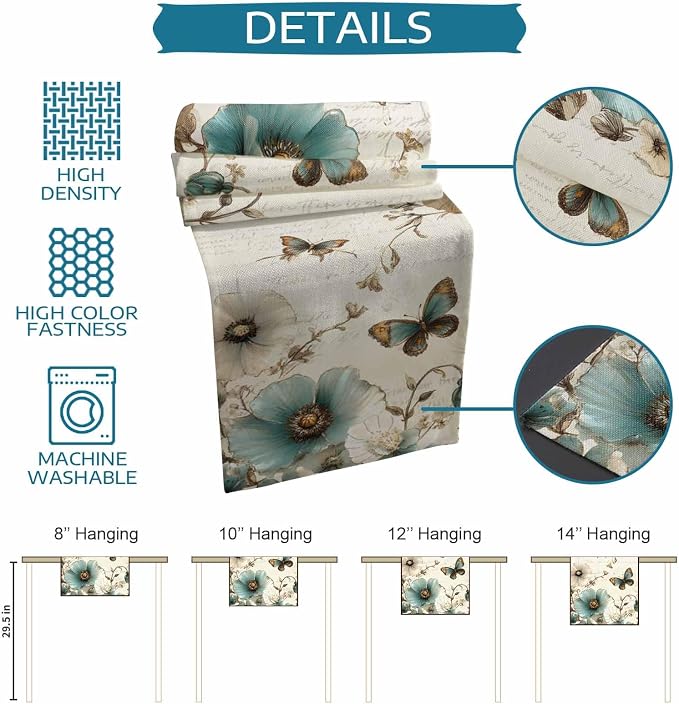 Turquoise Tulip Table Runners 90 Inches Long, Spring Vintage Botanical Table - Image 8