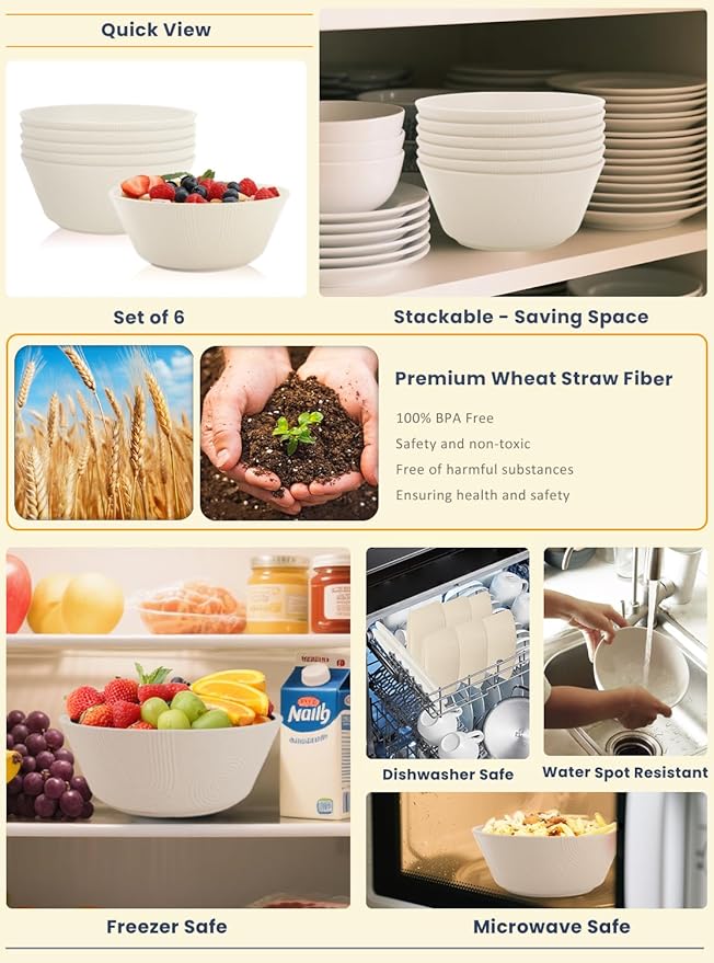 Homienly Large Deep Bowls 36 OZ, Wheat Straw Soup Bowls Set of 6, Plastic Bowls Microwave Safe, Unbreakable Bowl for Cereal, Soup, Salad, Popcorn, Idea for Party, Camping, Picnic, RV (Beige)