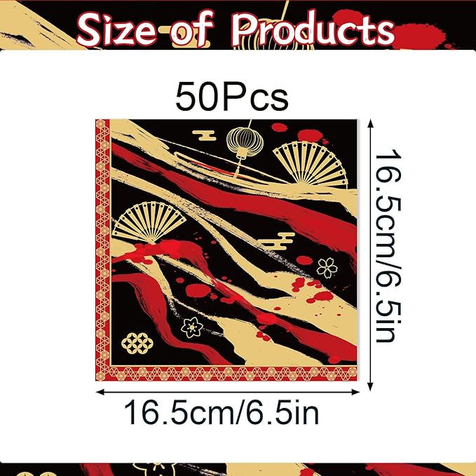 Hibachi Birthday Party Decorations, 50 Sheets Hibachi Party Napkins Disposable Supplies, Asian Japanese Style Paper Napkins Tableware Decor for Birthday Baby Shower (Size 6.5 Inch)