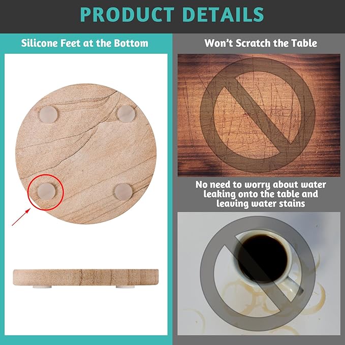 Natural Sandstone Coasters Set of 6 with Holder, 4 in Dia, Round, Heat Resistant & Absorbent, for Home & Office