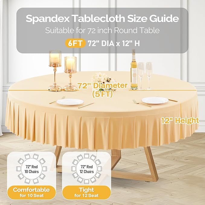1 Pack Champagne Spandex Round Tablecloths for 72in Table, Stretchy Fitted 6FT Round Table Cloths, Wrinkle Free Table Cover with Skirt for Wedding Birthday Party Bridal Shower Banquet